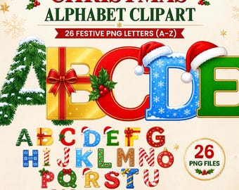 Christmas Alphabet Clipart PNG Bundle (A–Z) – 26 Festive Letters, Holiday Font, Candy Cane, Gingerbread & Lights for Crafts, Scrapbooking