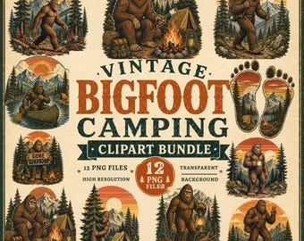 Vintage Bigfoot Camping Clipart PNG-paket | Sasquatch Camping PNG | Retro vildmarkssublimeringsdesign