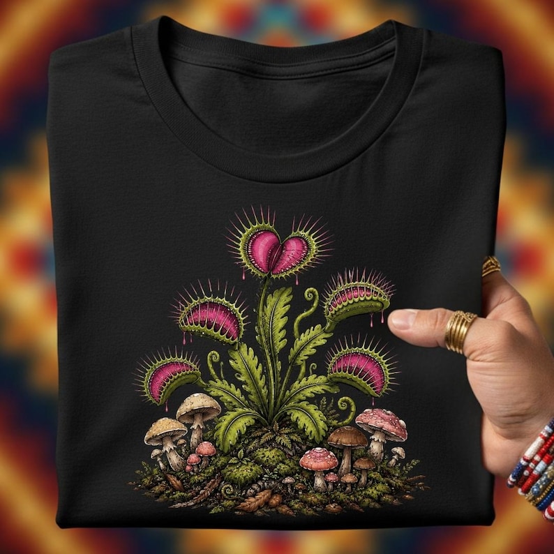 May include: A black t-shirt featuring a graphic illustration of a green Venus flytrap plant with vibrant pink interiors and spiky edges. The plant is surrounded by a cluster of small, earthy-toned mushrooms and mossy ground details.