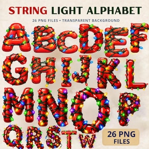 May include: A vibrant digital alphabet, each letter rendered in red with string lights. The letters A through W are displayed, with the text "STRING LIGHT ALPHABET" at the top. The image also includes the text "26 PNG FILES • TRANSPARENT BACKGROUND" and "26 PNG FILES".