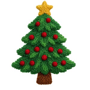 Peut inclure: Décoration artisanale en forme de sapin de Noël. Le sapin est fait de fil vert avec des ornements en pompons rouges et une étoile jaune au sommet. Le tronc est marron. Parfait pour les fêtes.