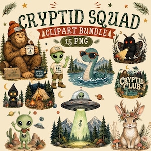 Pode incluir: Um pacote de clipart digital intitulado CRYPTID SQUAD contendo 15 ilustrações PNG de criaturas como Bigfoot, um alienígena, o monstro do Lago Ness, um homem-mariposa e um jackalope, junto com um OVNI, cenas de acampamento e florestas.