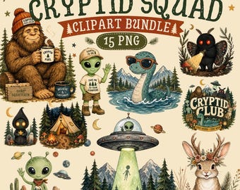 Funny Cryptid Squad Clipart Bundle PNG | Bigfoot Alien Mothman Clipart | Cryptid Camping Sublimation Files