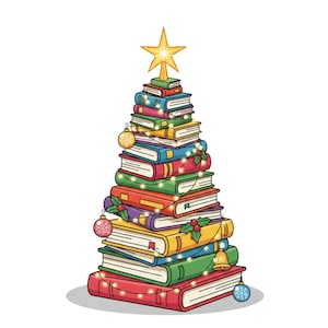 Puede incluir: Una ilustración caprichosa de un árbol de Navidad hecho de libros coloridos. El árbol está coronado con una estrella dorada y decorado con luces de cadena, adornos y una campana. Los libros son de varios colores, incluyendo rojo, verde, amarillo y azul.