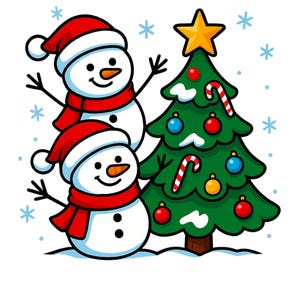 May include: A cartoon illustration of two snowmen wearing red hats and scarves, standing next to a decorated Christmas tree. The tree is adorned with ornaments and candy canes, topped with a gold star, and surrounded by snowflakes.