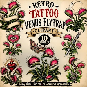 Könnte beinhalten: Eine Sammlung digitaler Illustrationen von Venusfliegenfallen im Tattoo-Stil. Die Grafiken zeigen verschiedene Anordnungen mit einer Motte, einem Dolch, einer Schlange, einem Herz und einer Mondsichel, begleitet vom Text RETRO TATTOO VENUS FLYTRAP CLIPART 10 PNG FILES HIGH QUALITY 300 DPI TRANSPARENT BACKGROUND.
