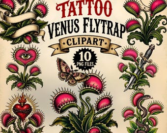 Retro Tattoo Venus Flytrap Clipart | Carnivorous Plant PNG Bundle | Gothic Botanical Tattoo PNG | 10 Spooky Floral Designs
