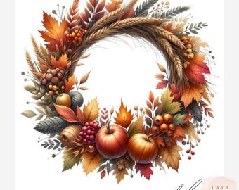 Autumn Wreath Clipart JPEG Bundle | Fall Leaves Pumpkin Floral Frames