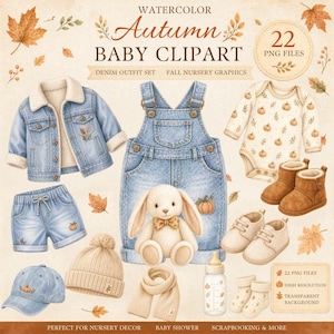 Op de afbeelding: Waterverf baby clipart set met denim outfits en accessoires. Inclusief een spijkerjasje, tuinbroek, korte broek, een bodysuit, laarzen, een muts, een sjaal en een fles. De tekst luidt "Autumn Baby Clipart".