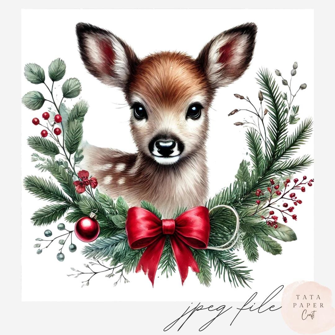 Baby Fawn Christmas Clipart Bundle | Watercolor Deer Wreath Jpgs ...