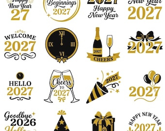 2027 New Year PNG Bundle, 18 Happy New Year Designs, Gold Black New Year Clipart, 300 DPI Sublimation PNG, Commercial Use