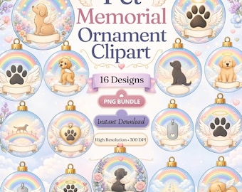Pet Memorial PNG Bundle, 16 Rainbow Bridge Dog Clipart, Angel Paw Ornament Designs, Pet Loss Sublimation Download