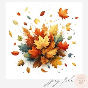 Könnte beinhalten: Aquarellillustration von Herbstblättern in Rot-, Orange-, Gelb- und Grüntönen. Die Blätter sind verstreut und gruppiert, wodurch eine dynamische und farbenfrohe Komposition entsteht. Der Hintergrund ist weiß.