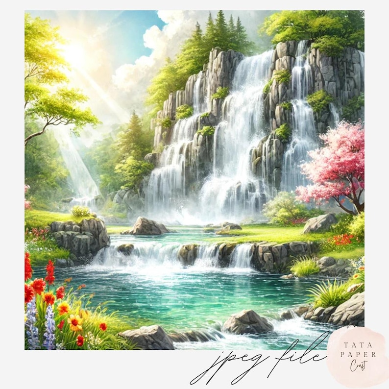 Springtime Waterfall Scene Spring Waterfall Scene Clipart | 14 JPEG Landscape Files | Nature Junk ...