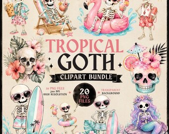 Tropical Goth Clipart PNG Bundle | Pink Beach Skeleton Clipart | Gothic Summer PNG | Spooky Tropical Sublimation