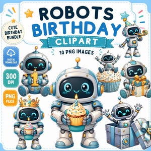 Op de afbeelding: Een digitaal clipart-pakket met diverse illustraties van schattige robots die een verjaardag vieren. De robots zijn afgebeeld in blauwe en zilveren tinten en houden cupcakes, cadeaus en kaarsjes vast. De tekst luidt ROBOTS BIRTHDAY CLIPART.