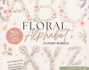 Floral Alphabet PNG, Rose Letters A-Z Clipart, Watercolor Flower Monogram, Romantic Vintage Alphabet