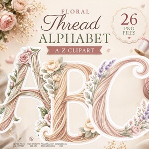 May include: Floral alphabet clipart featuring the letters A, B, and C, each adorned with floral and leaf accents. The letters are a light brown color, with a woven thread design. The image includes the text "Thread Alphabet" and "A-Z Clipart".