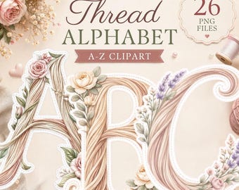 Floral Thread Alphabet PNG Bundle (A–Z) – 26 Boho Letters, Neutral Floral Clipart, Vintage Rose Monogram, Elegant Scrapbook & Sublimation