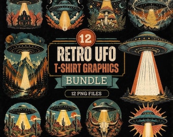 Retro UFO PNG Bundle | Alien Spaceship T-Shirt Graphics | Vintage Sci Fi Sublimation Art
