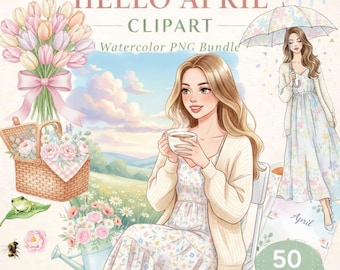 Hello April Clipart | Watercolor Spring PNG Bundle | 50 April 2026 Designs | Gift for Spring Lover | DTF Transfer Ready | Commercial Use