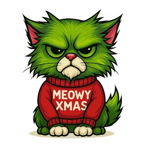 Peut inclure: Illustration d'un chat vert grincheux portant un pull rouge avec les mots "MEOWY XMAS" en blanc. Le chat a un nez et des oreilles roses, sur fond blanc.