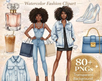 Denim & Diamonds Clipart | 81 Watercolor Black Girl Fashion PNG | Glam African American Denim Queen Bundle | Gift for Her | Instant Download