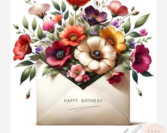 Happy Birthday Envelope Flowers Clipart | 10 JPEG Files | Birthday Card Printable | Floral Greeting Card Art | Digital Download