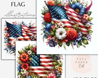 American Flag with Flowers Illustration for Scrapbooking, Junk Journaling, Planning, 4 of July Graphics, JPEG files for Paper Craft
