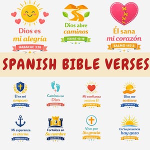 May include: A graphic featuring Spanish Bible verses with colorful illustrations. The design includes a smiling sun, a heart, a road, and other symbols, along with text in Spanish. The words "Spanish Bible Verses" are prominently displayed.