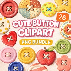 May include: A collection of colorful, illustrated buttons in various shapes, including round, heart, star, and flower. The image includes the text "CUTE BUTTON CLIPART PNG BUNDLE" and the number "28". The buttons feature cross-stitch details and a variety of colors.