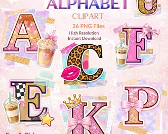 Glam Collage Alphabet PNG, Girly Letters A-Z with Glitter, Leopard Print & Bows, Cute Clipart Set