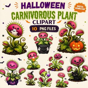 Op de afbeelding: Een digitale downloadset van 10 Halloween vleesetende plant clipart PNG-bestanden. De collectie bevat diverse illustraties van groene en roze Venusvliegenvangers met griezelige elementen zoals een spook, een pompoen, snoepmaïs en een zwarte kat.