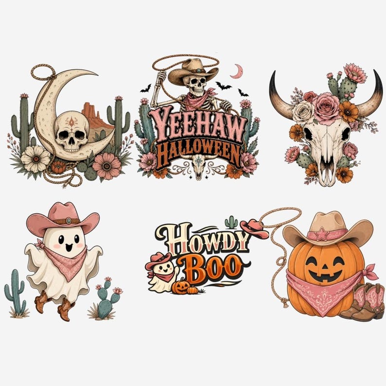 Western Gothic Halloween Clipart PNG Bundle | Cowboy Skeleton Ghost Art ...