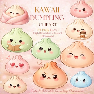 May include: A selection of kawaii dumpling clipart, featuring dumplings in different colours and with various expressions. The image includes dumplings with happy, sad, and angry faces, plus dumplings holding a book and a coffee cup. Text on the image reads "KAWAII DUMPLING CLIPART".