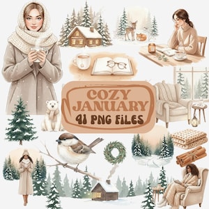 Op de afbeelding: Digitale illustratie met een gezellig winterthema, met illustraties van een vrouw met een mok, een hut, een ijsbeer, een vogel en de tekst "COZY JANUARY 41 PNG FILES". Het kunstwerk heeft een warm kleurenpalet.