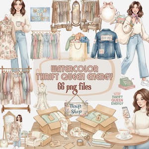 Op de afbeelding: Waterverfillustratie met een kringloopwinkelthema. De afbeelding bevat kledingrekken met jurken en jassen, boodschappentassen en dozen met kleding. De tekst "WATERCOLOR THRIFT QUEEN ENERGY" en "66 png files" zijn zichtbaar. Een bord leest "Thrift Shop".