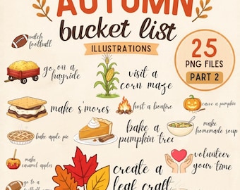 Fall Bucket List Clipart PNG Part 2, Autumn Activities Icons, Cute Cozy Fall Illustrations, Halloween Elements