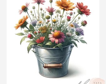 Wildflower in a Bucket Clipart | Vintage Floral JPEG Set | Printable Ephemera for Junk Journals, Crafts, Cards | 12 High-Res Files