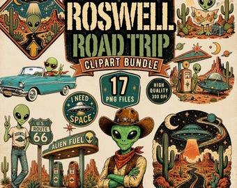 Roswell Road Trip Clipart PNG Bundle | Alien UFO Desert Clipart | Retro Route 66 Space Graphics | 17 PNG Files