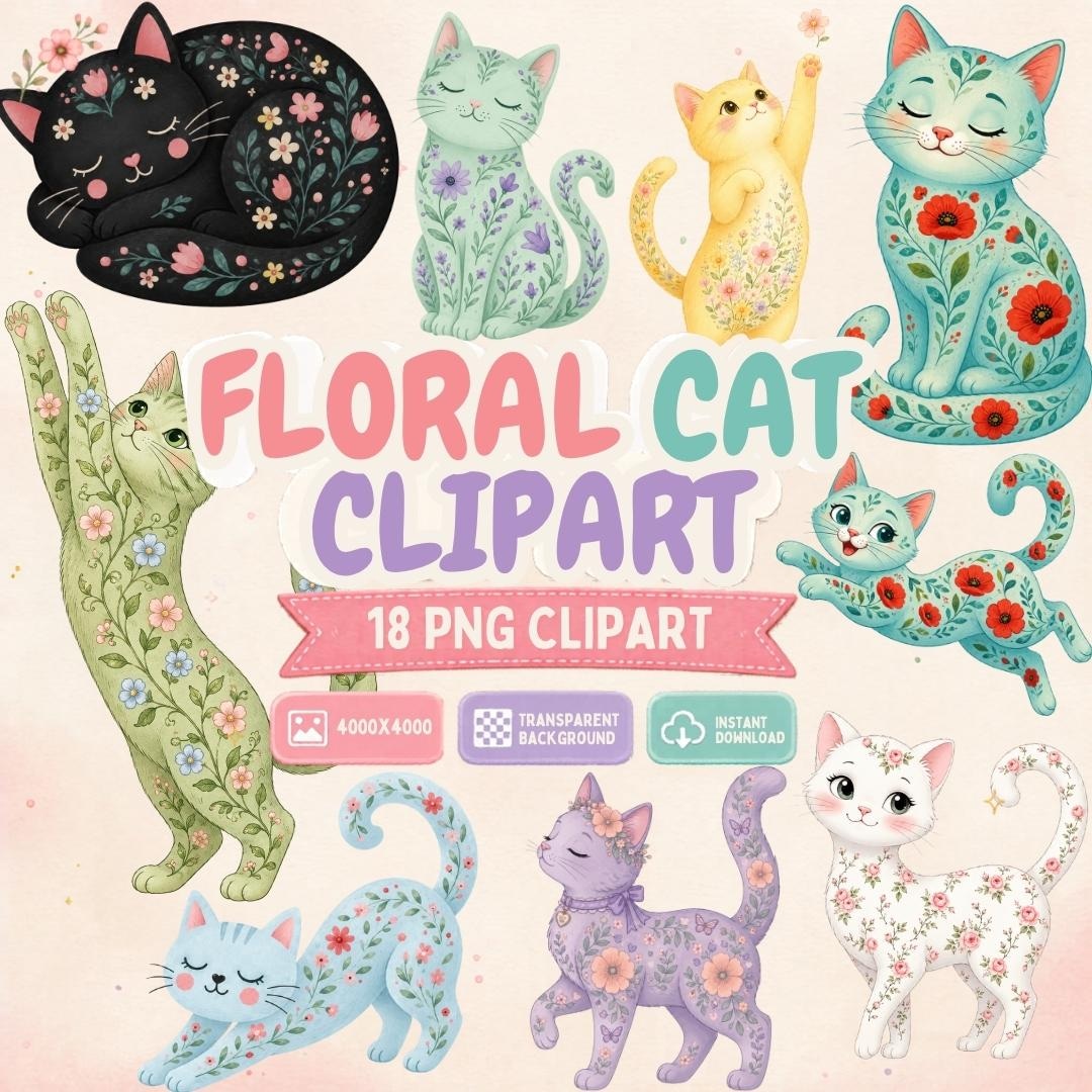 Floral Cat Clipart PNG, Cute Watercolor Cat Graphics, 18 Digital ...