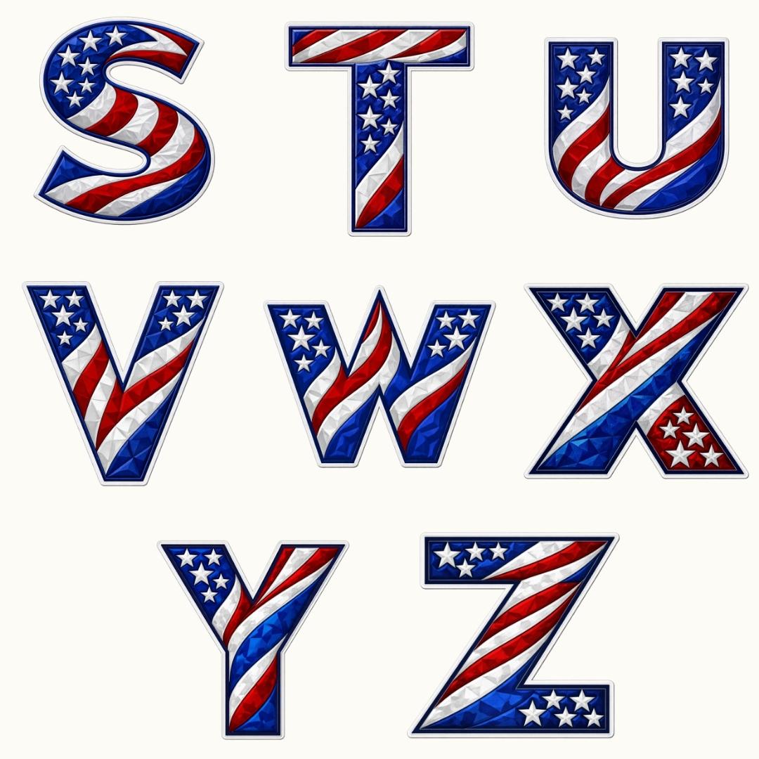Patriotic Alphabet Clipart PNG Bundle, USA Flag Letters Set, American ...