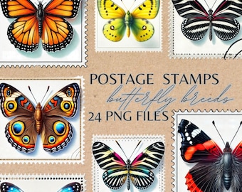 Butterfly Postage Stamp Clipart: Watercolor Butterfly Breeds (Digital Download)