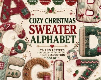 Christmas Alphabet PNG Bundle | 26 Cozy Knitted Sweater Letters | Patchwork Holiday Monogram Clipart