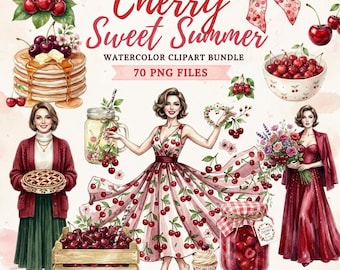 Cherry Summer Clipart PNG | 70 Watercolor Files | Cherry Girl Fashion, Picnic Aesthetic, Sublimation, Stickers, Instant Download