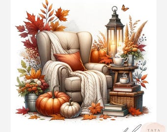Cozy Autumn Corner Clipart Bundle | Fall Reading Nook Watercolor JPEG Set | Pumpkin & Cottagecore Autumn Decor