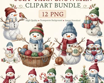 Cozy Yarn Snowmen Clipart Bundle | 12 Christmas Snowman PNG | Knitting Crochet Yarn Clipart | Winter Craft Sublimation PNG
