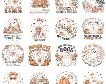 May include: A collection of sixteen individual illustrations featuring cartoon ghosts with pumpkins, autumn flowers, bows, and seasonal text like Little Boo Big Mood, Ghostly Good Vibes, and Pumpkin Spice & Ghostly Nights in a grid layout.