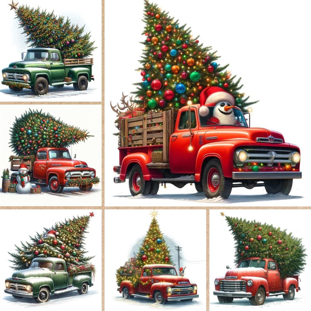 Christmas Tree Truck Clipart Bundle – Vintage Holiday Pickup With ...