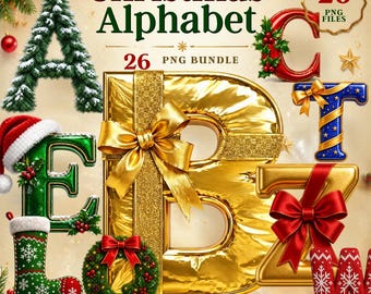 Christmas Alphabet Clipart PNG Bundle (A–Z) – 26 Letters, Holiday Font, Wreath, Snow, Candy Cane, Gold Letters for Crafts & Sublimation